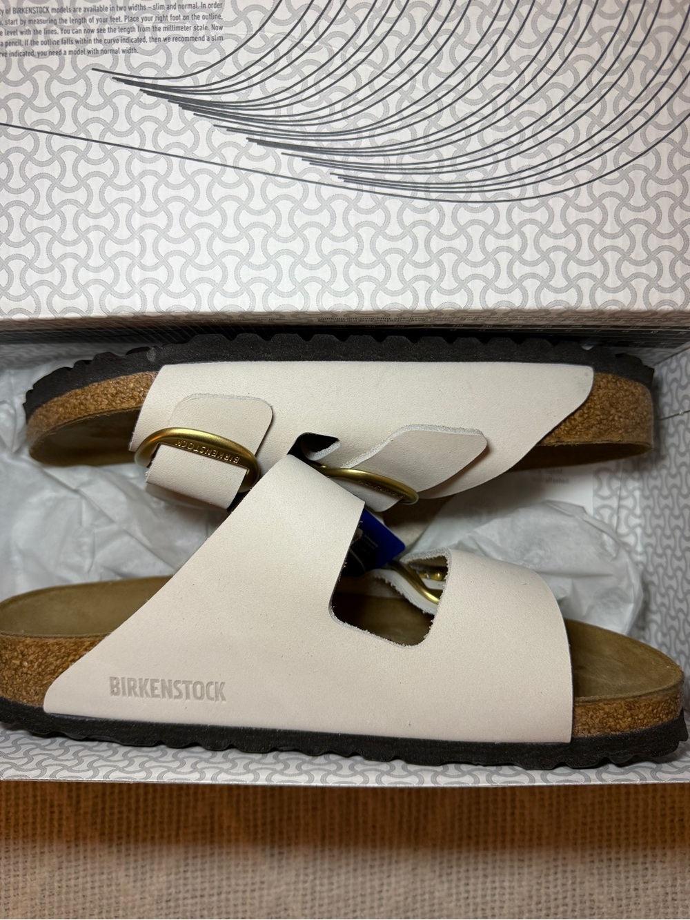 Birkenstock Women’s White Arizona Two-Strap Sandals with Gold Buckles BNWT
